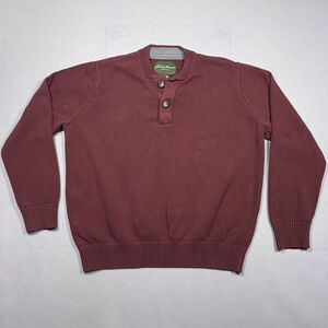 Eddie Bauer Sweater Mens Adult XL Burgundy Cotton Made in USA Henley‎